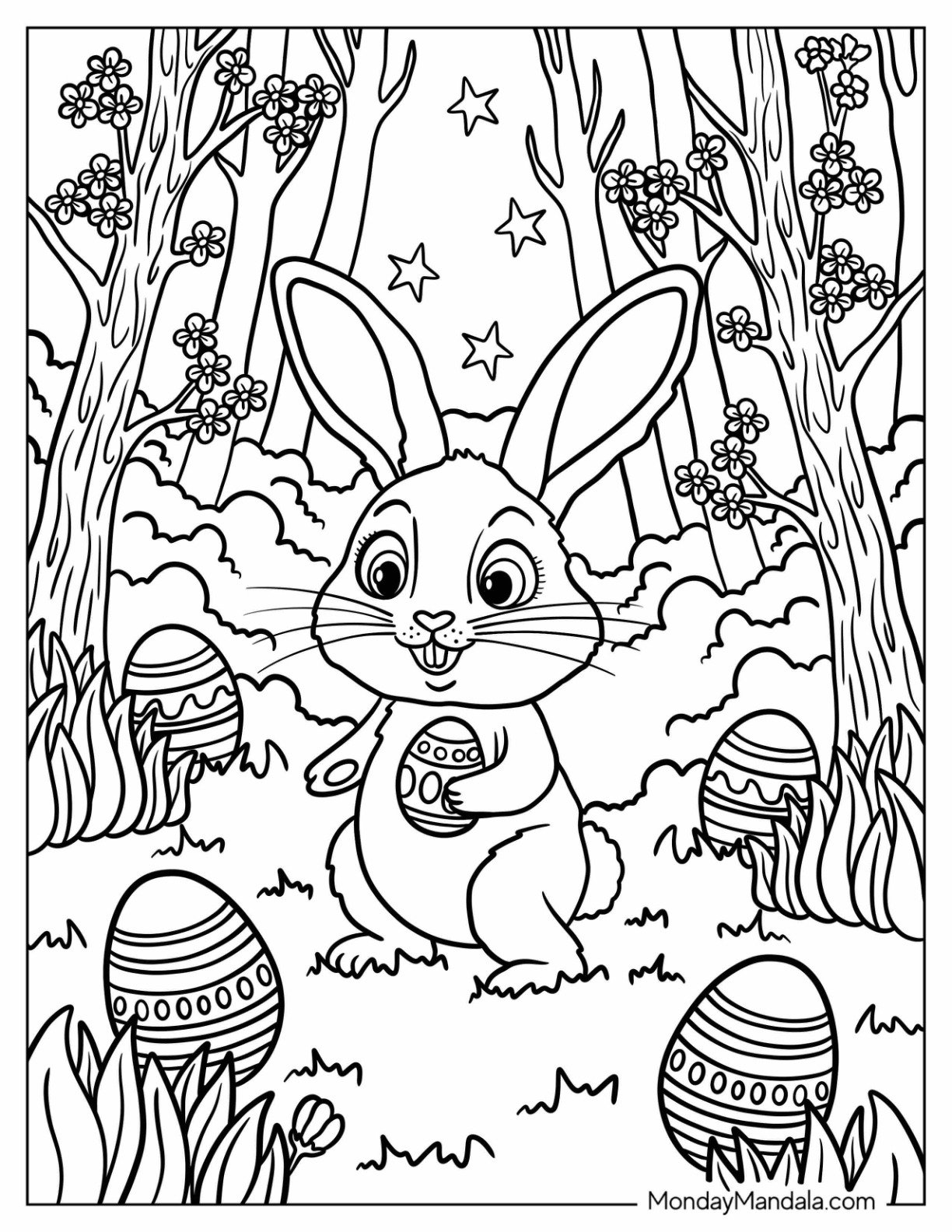 Playful Easter Bunny Coloring Page in Nature with Decorated Eggs and Starry Sky