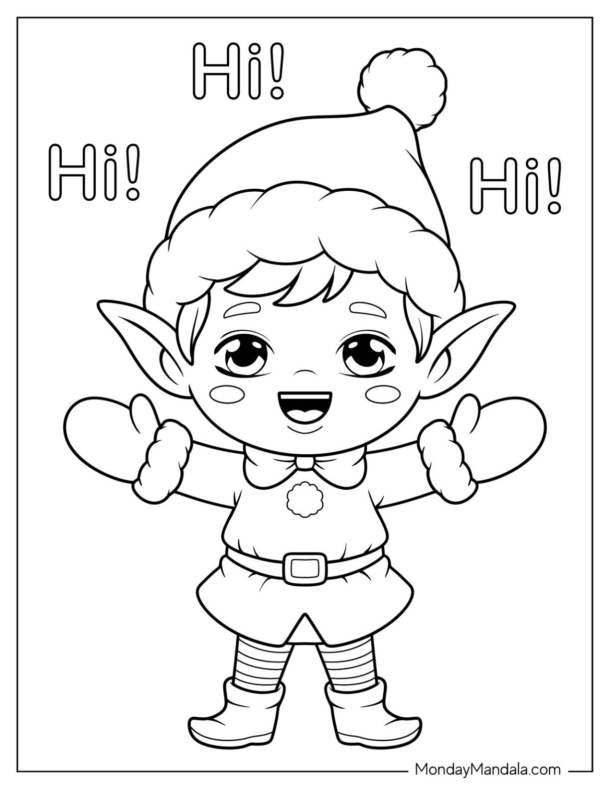 Playful Elf Coloring Page Waving Hello For Preschoolers