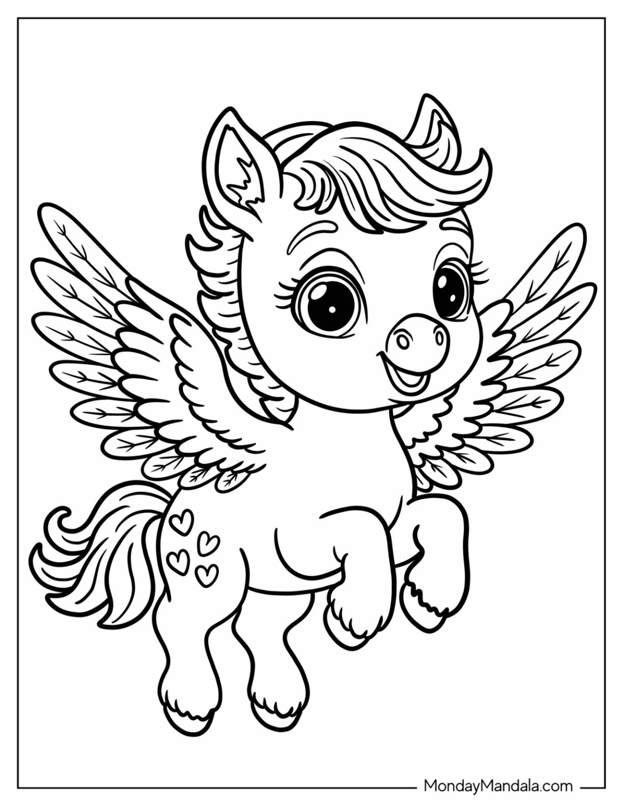 Playful Flying Pegasus Coloring Page with Hearts on Flank For Preschoolers