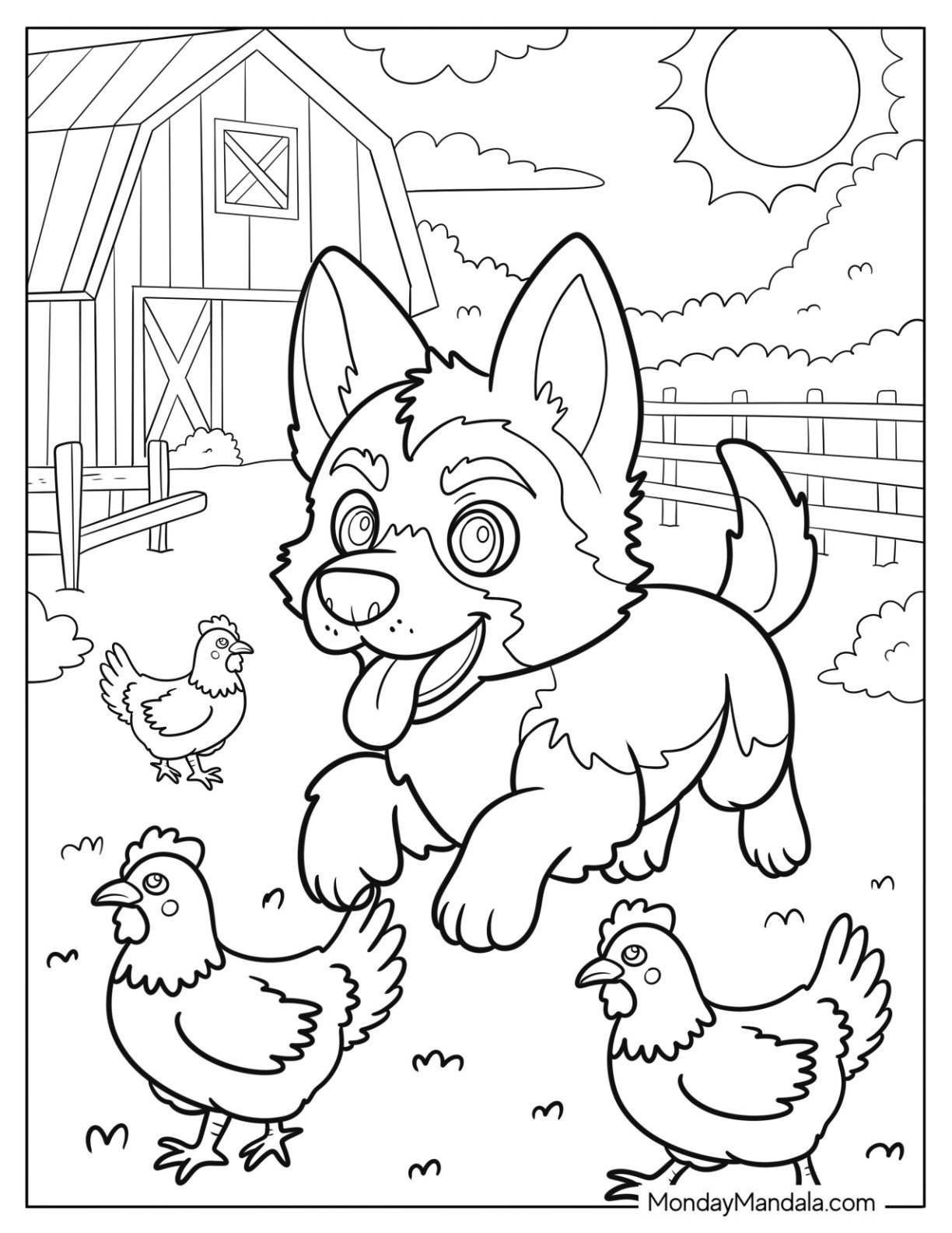 Playful German Shepherd Coloring Page Puppy Chasing Chickens in the Farm for Kids