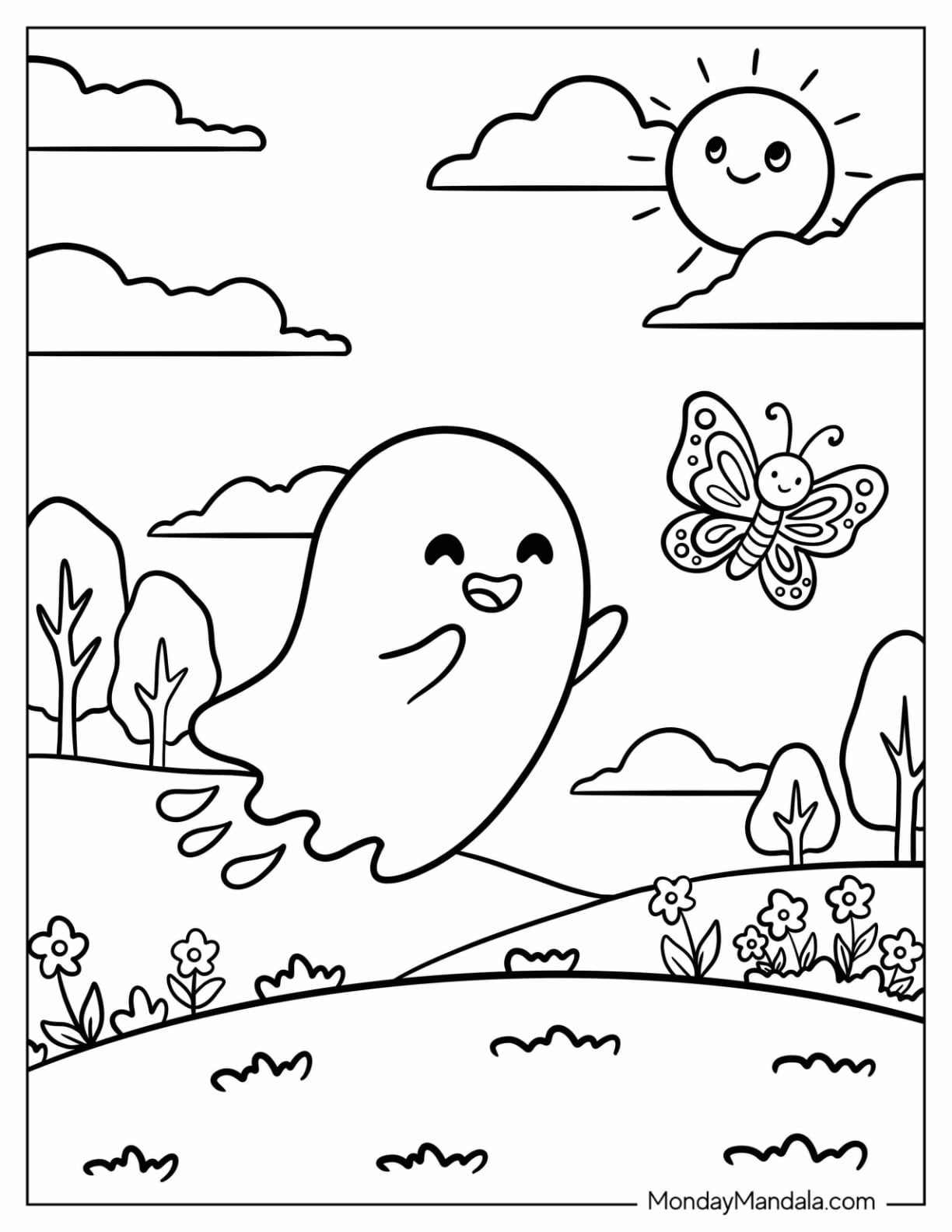 Playful Ghost Chasing a Butterfly Coloring Sheet