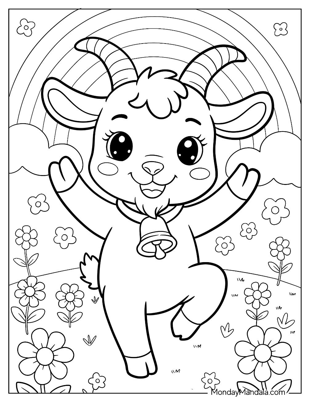 Playful Goat Coloring Page Dancing Under a Bright Rainbow in a Flower Field for Kids
