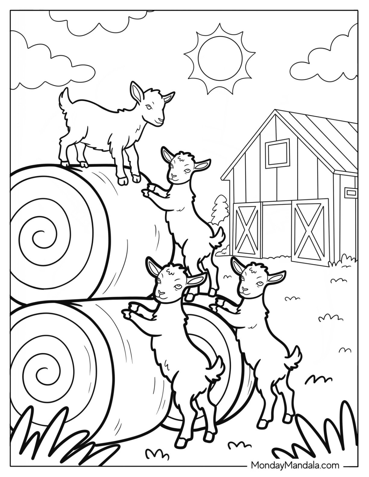 Playful Goats Climbing Hay Bales on a Sunny Farm Coloring Page