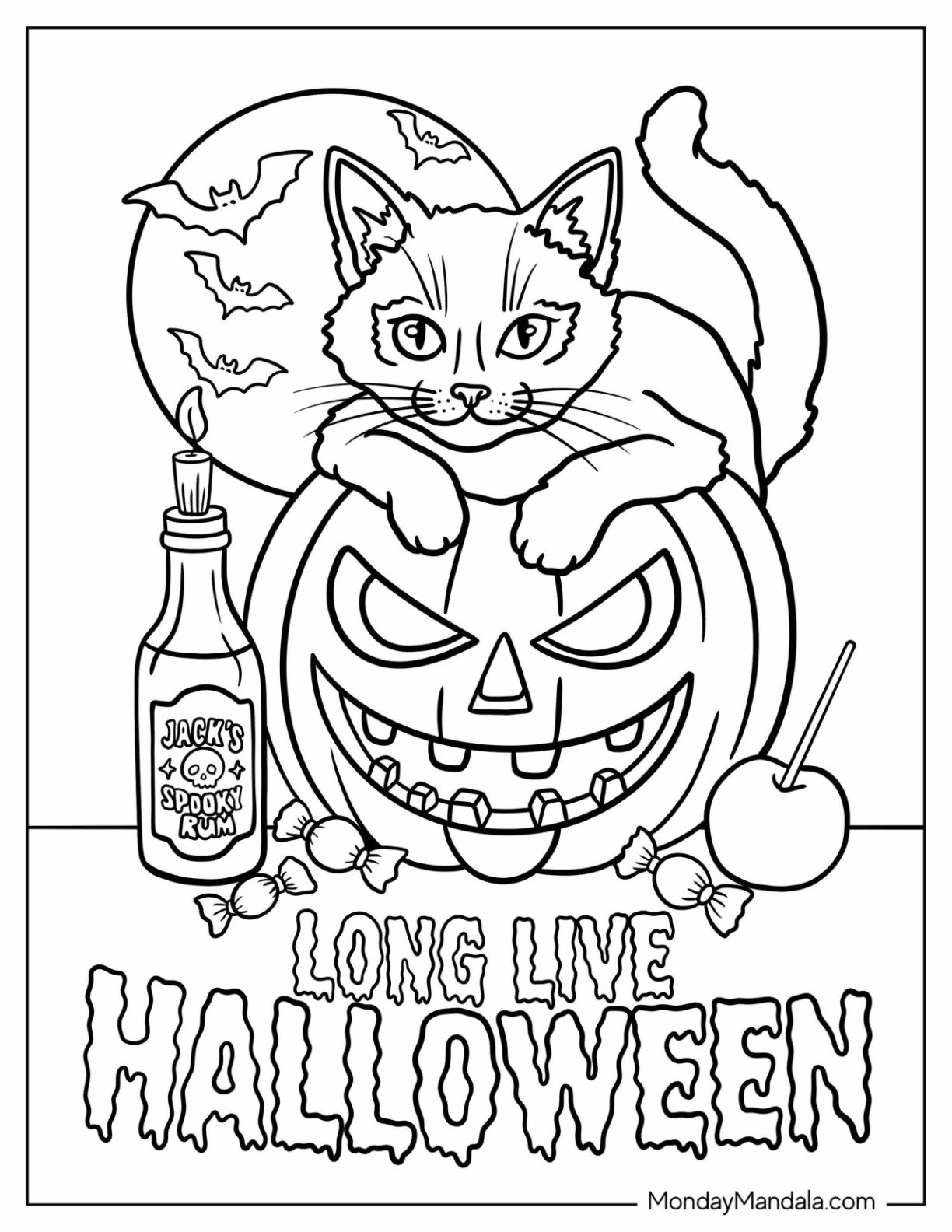 Playful Halloween Cat with Pumpkin, Candy Apple, and Rum Bottle Coloring Sheet