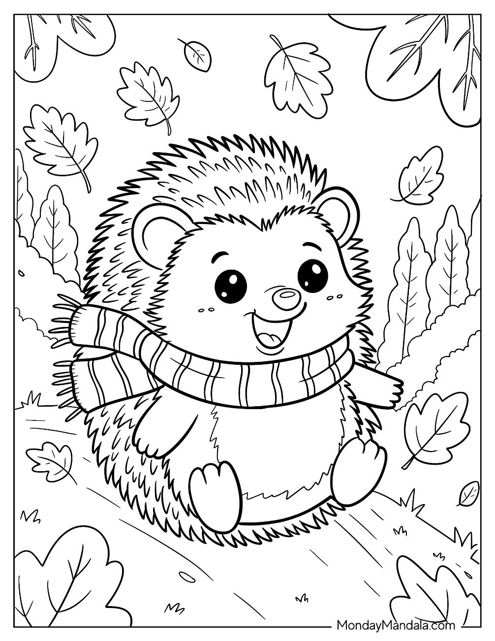 Playful Hedgehog Coloring Page with Scarf Sliding Down a Hill