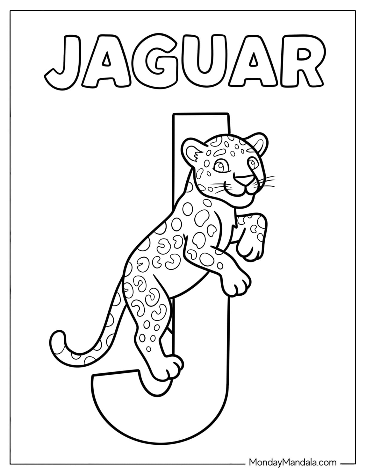 Playful Jaguar Leaping Over Big Letter J Coloring Page for Kids