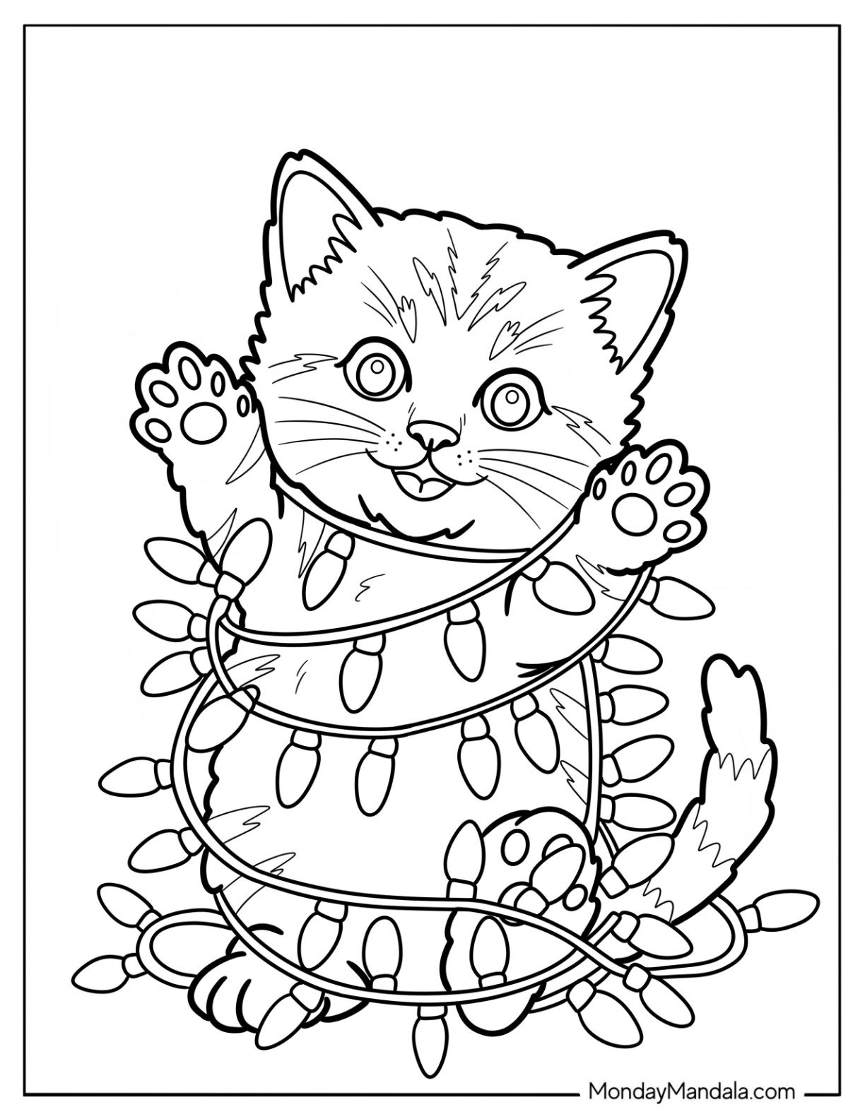 Playful Kitten Coloring Page Tangled in Christmas Lights for Kids