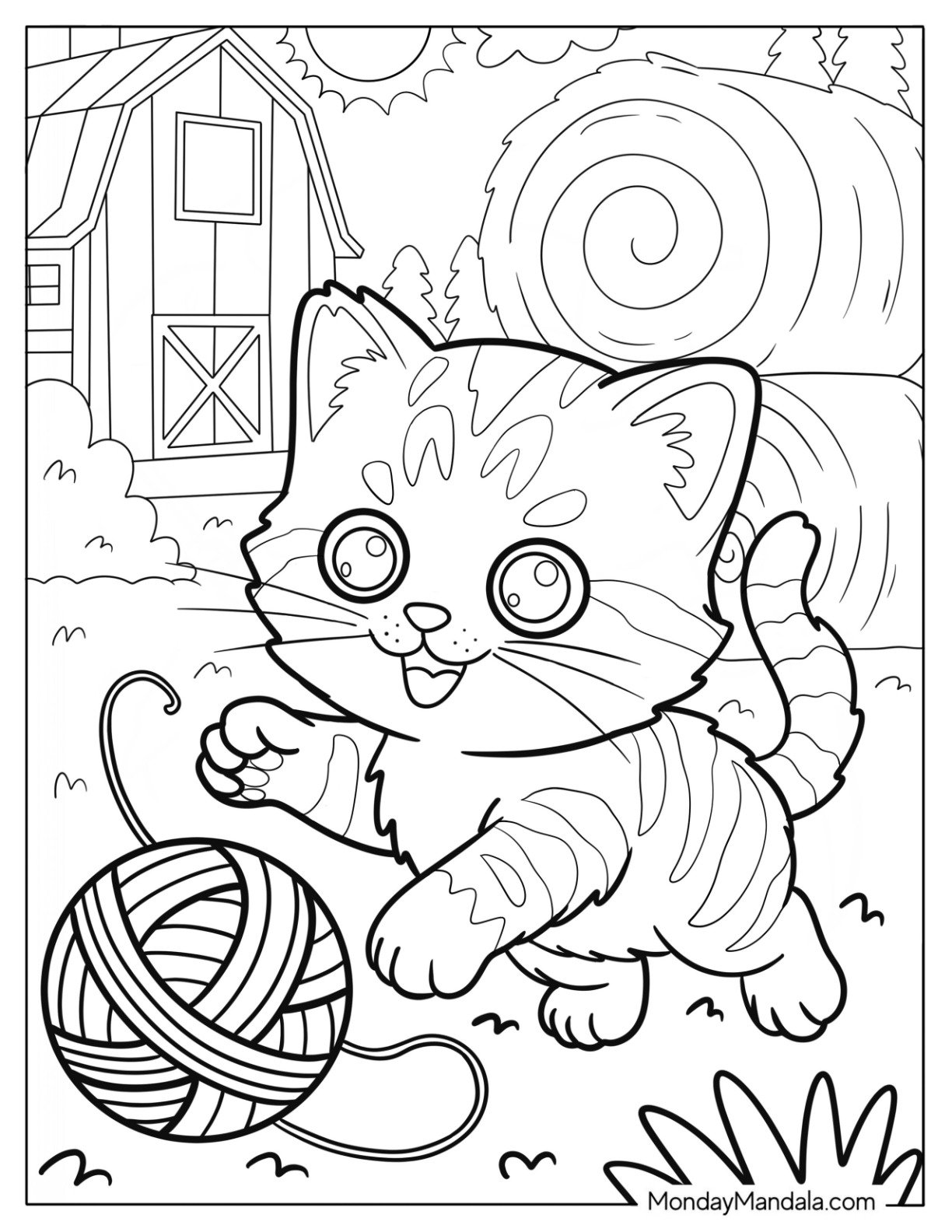 Playful Kitten on a Sunny Farm Coloring Page