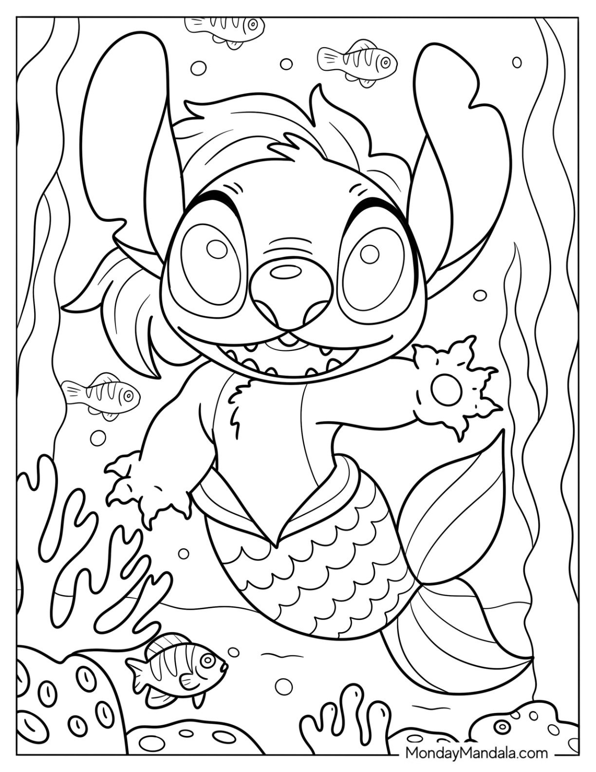 Playful Mermaid Coloring Page Stitch Waving in the Sea