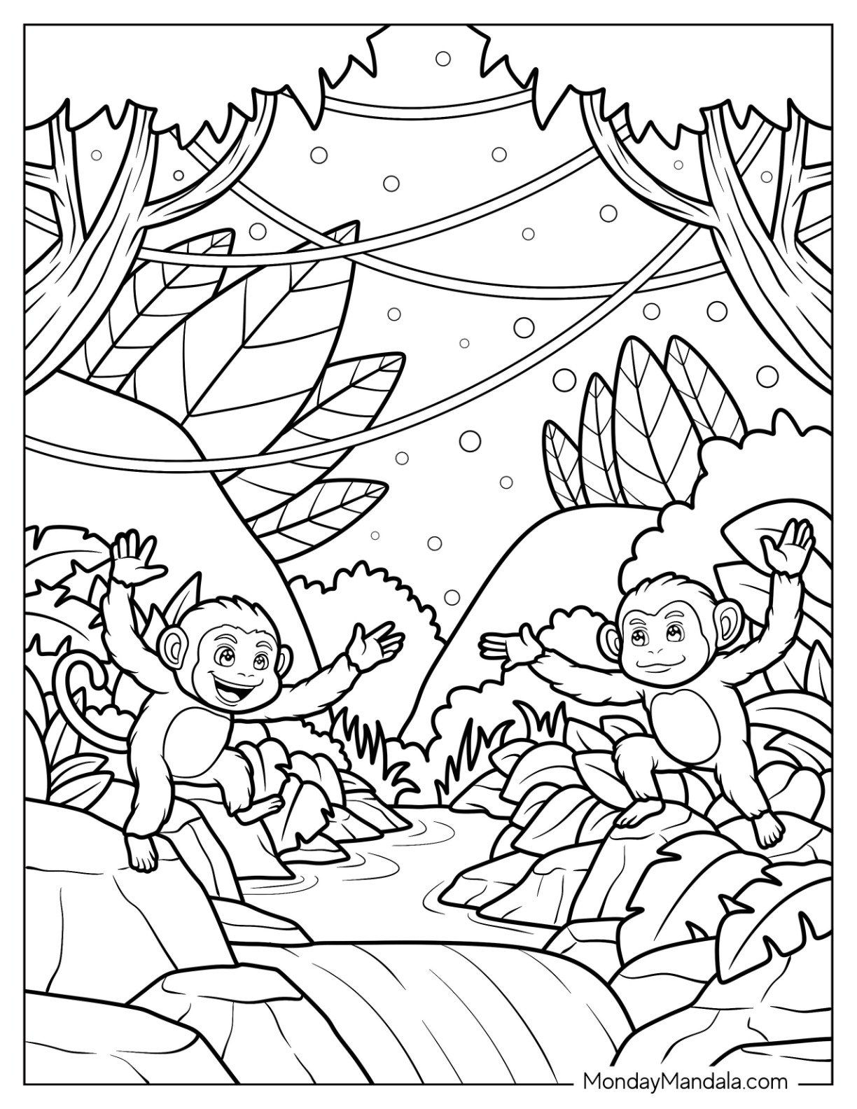 Playful Monkeys Swinging and Jumping in a Jungle Stream Coloring Sheet for Kids