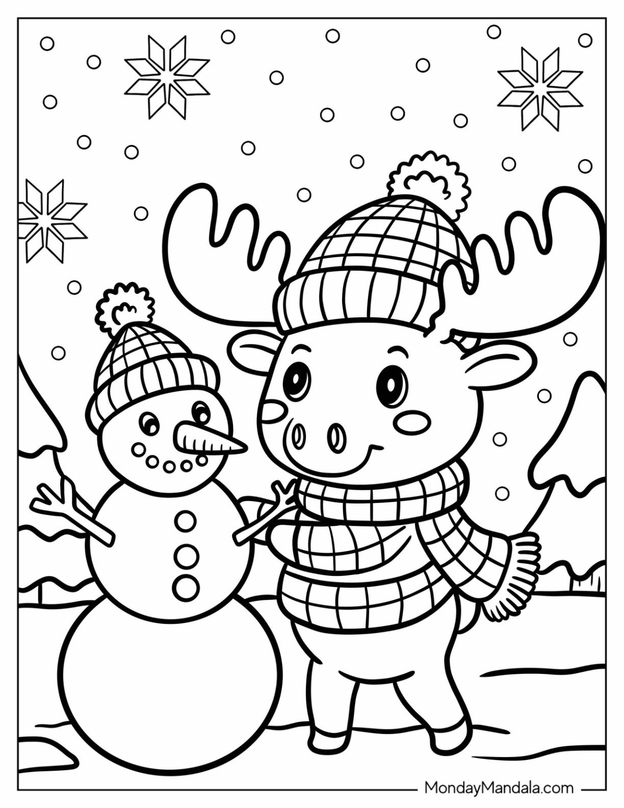 Playful Moose in Beanie and Scarf Building a Snowman