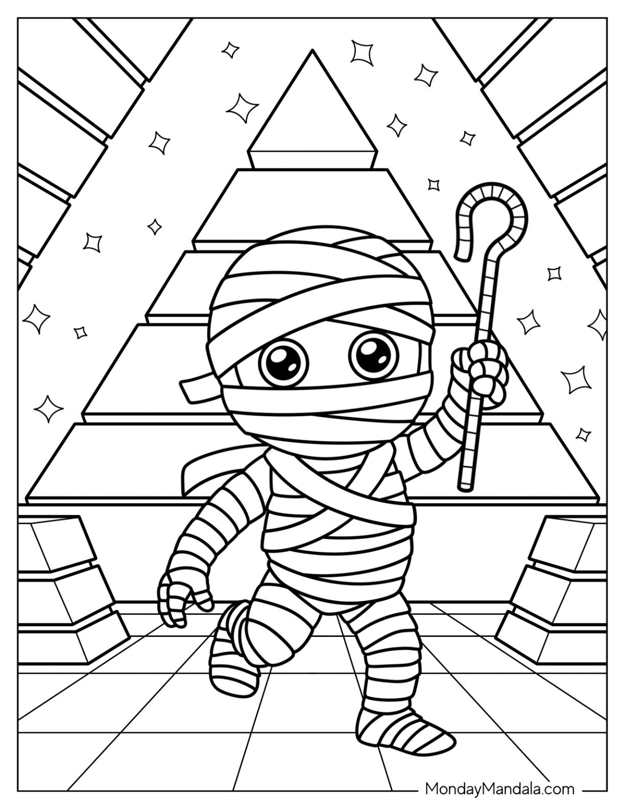 Playful Mummy Coloring Page with Staff in Front of Pyramid for Kids