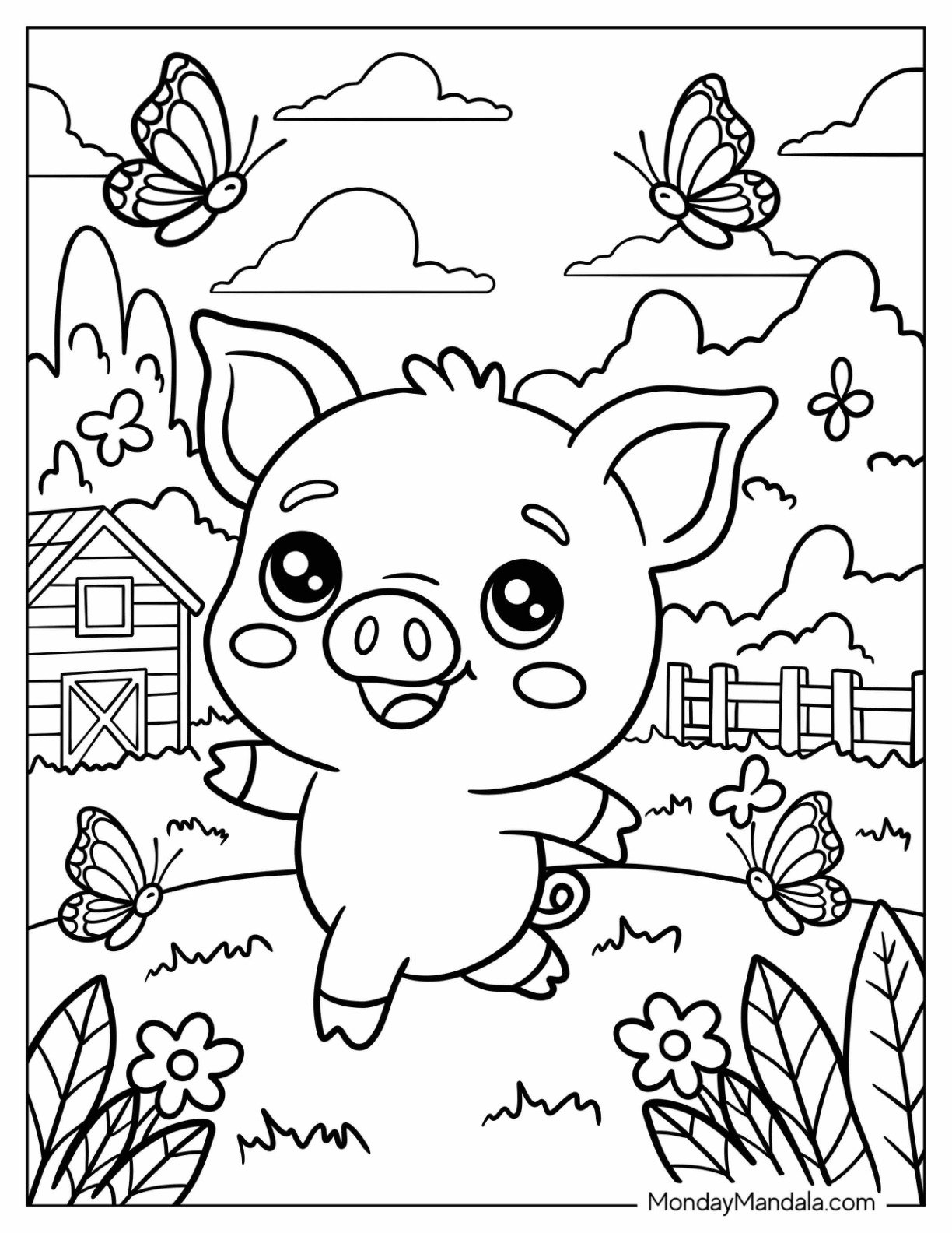 Farm Animal Coloring Page of Playful Pig on Country Farm with Butterflies and Fenced Pasture for Kids