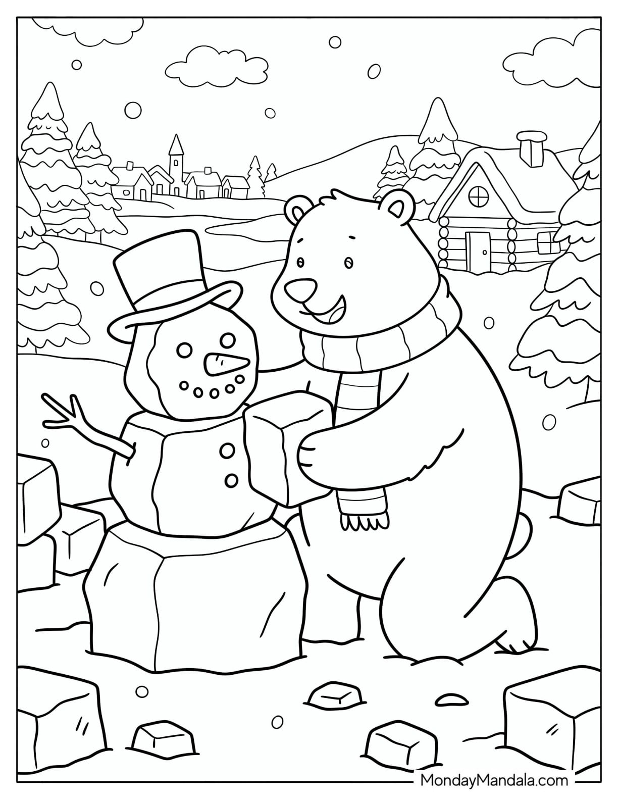 Playful Polar Bear Making a Snowman Coloring Page