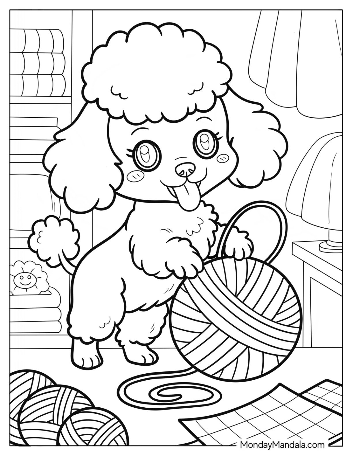 Playful Poodle Coloring Page Tugging Yarn Ball in Cozy Craft Room for Kids