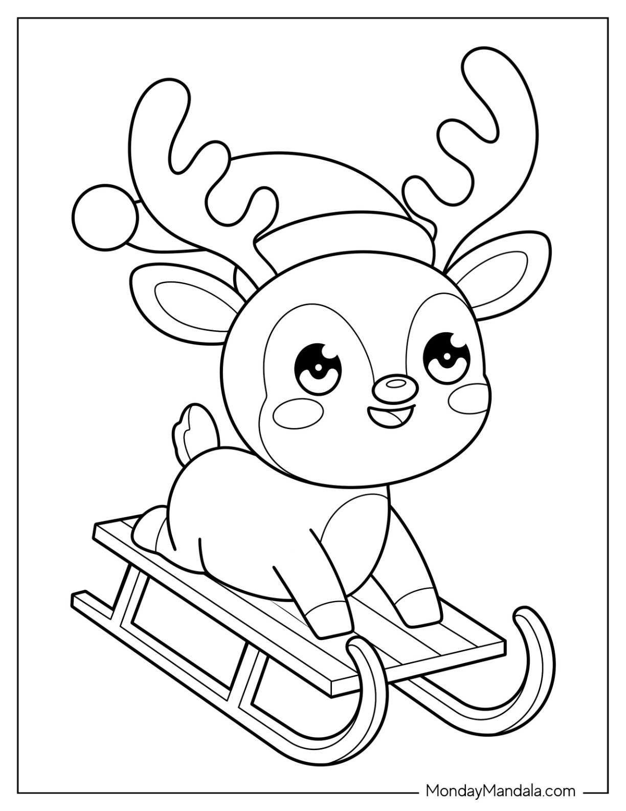 Playful Reindeer in Santa Hat Sledding Coloring Sheet for Preschoolers