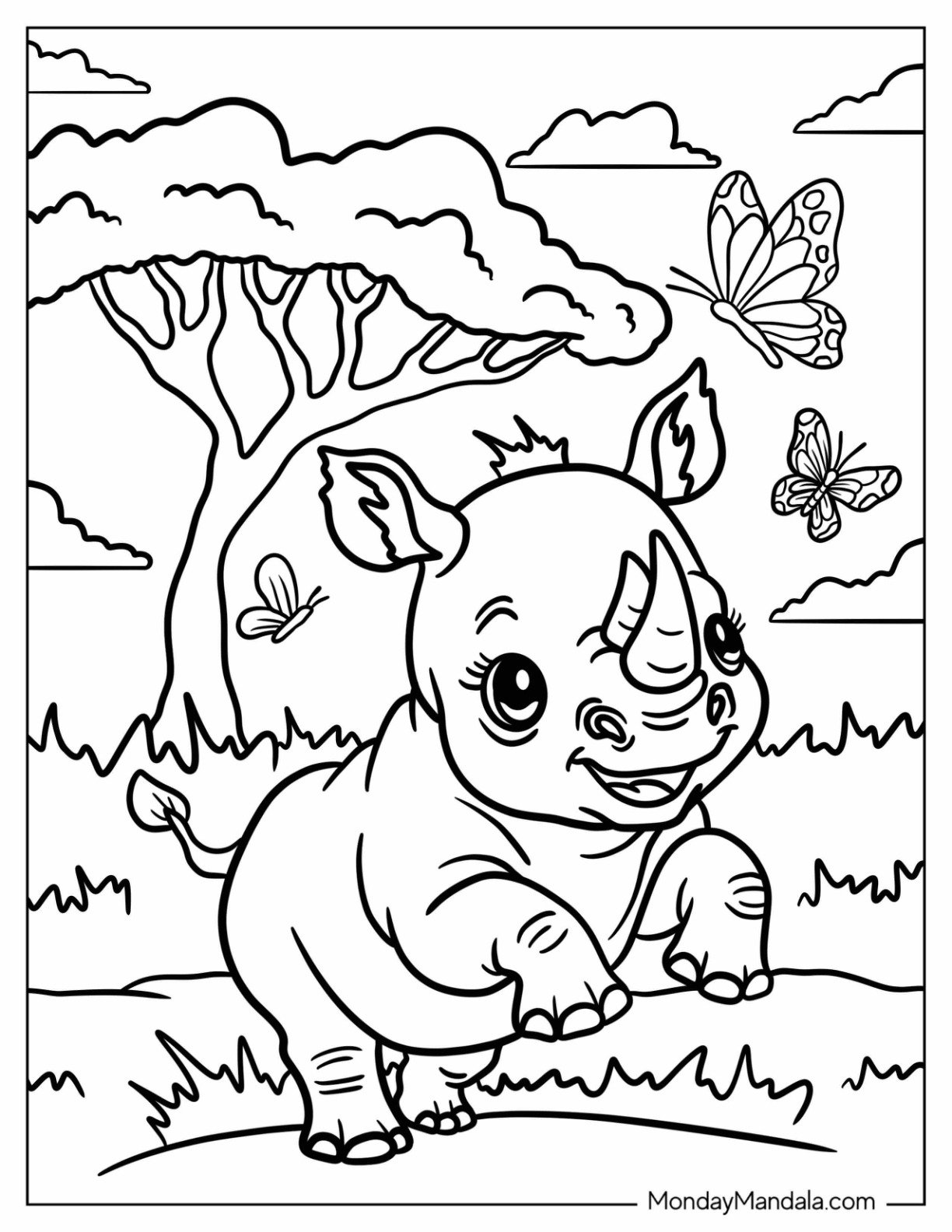 Playful Rhino Coloring Page Leaping to Catch Butterflies
