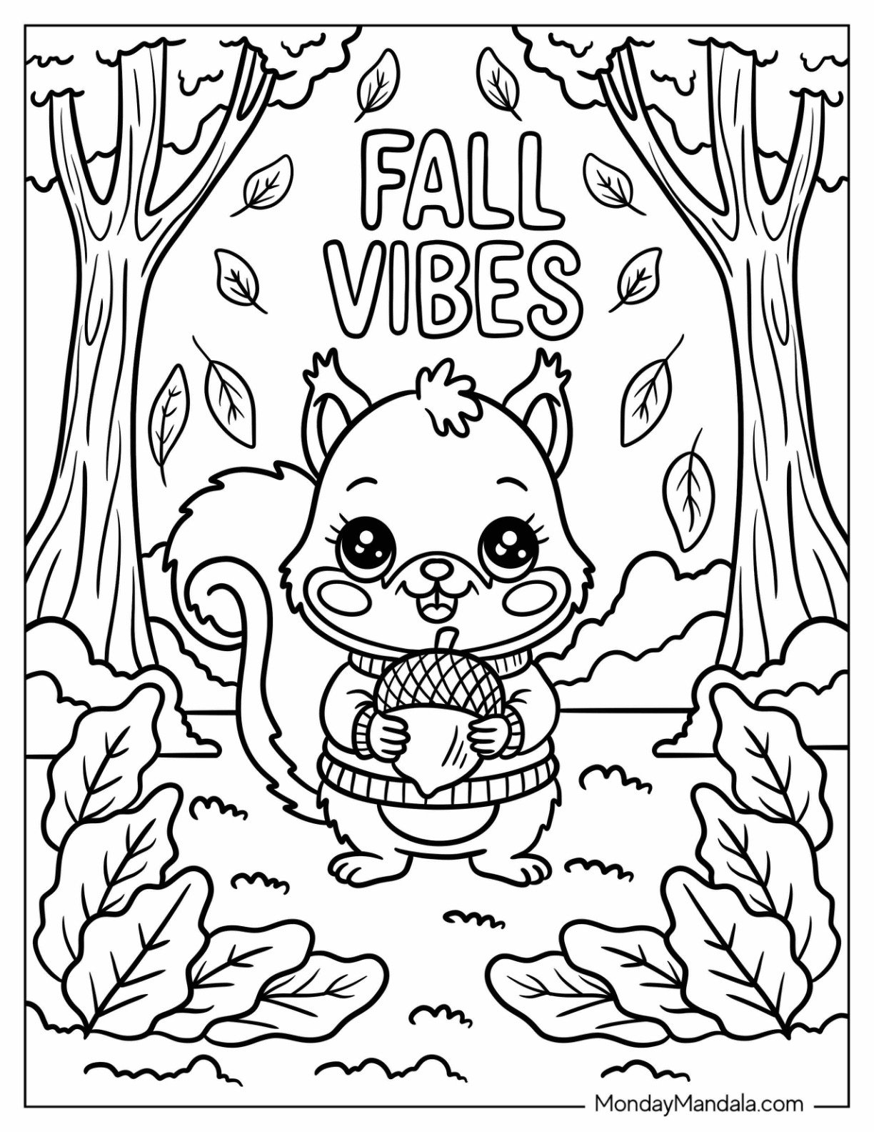 Playful Squirrel Grasping an Acorn in Autumn Forest Fall Coloring Page for Kids