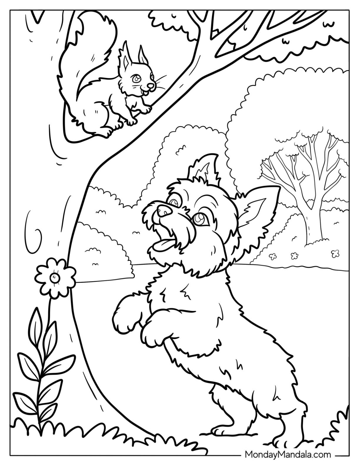 Playful Yorkie Coloring Page of Barking at Squirrel in Garden
