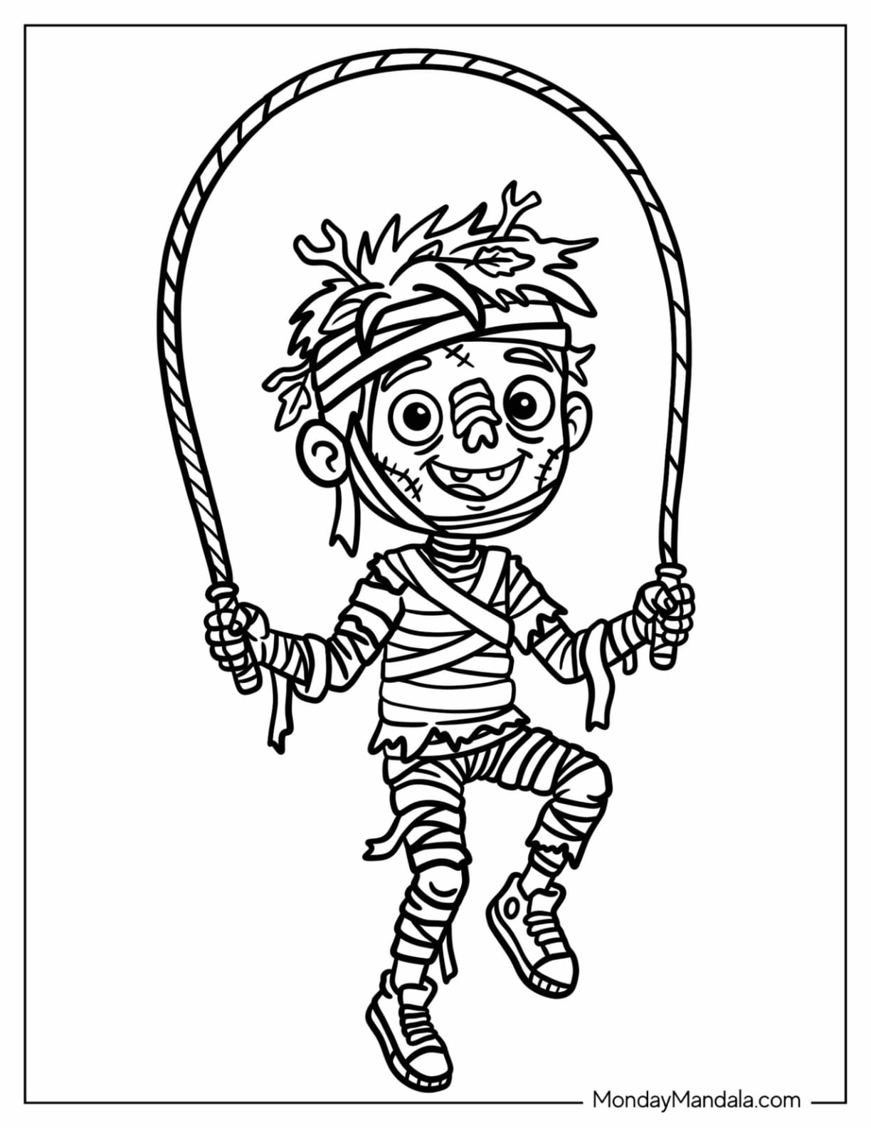 Playful Zombie Boy Jumping Rope Coloring Sheet for Kids