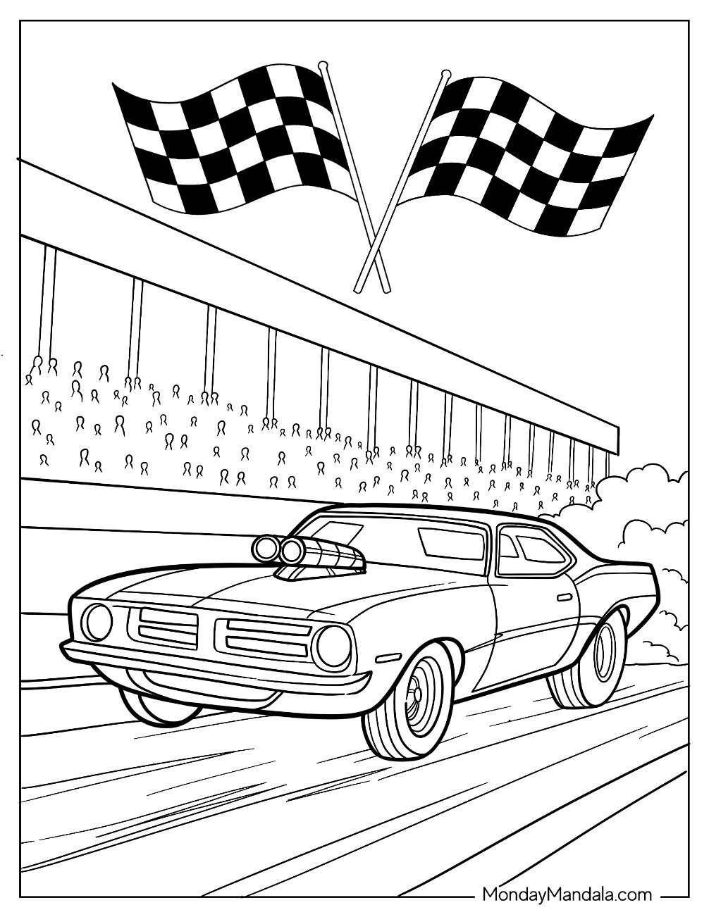 Plymouth Barracuda Hot Rod Coloring Page Drag Racing with Checkered Flags