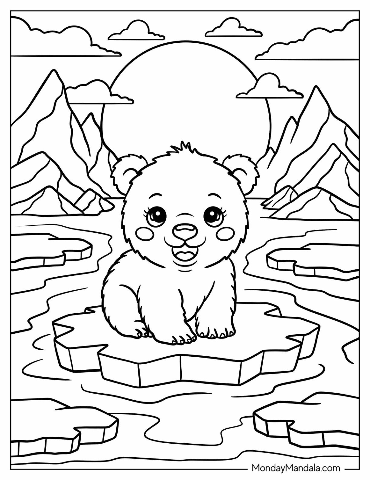 Arctic Animals Coloring Page of Polar Bear Cub Sitting on Floating Ice for Kids