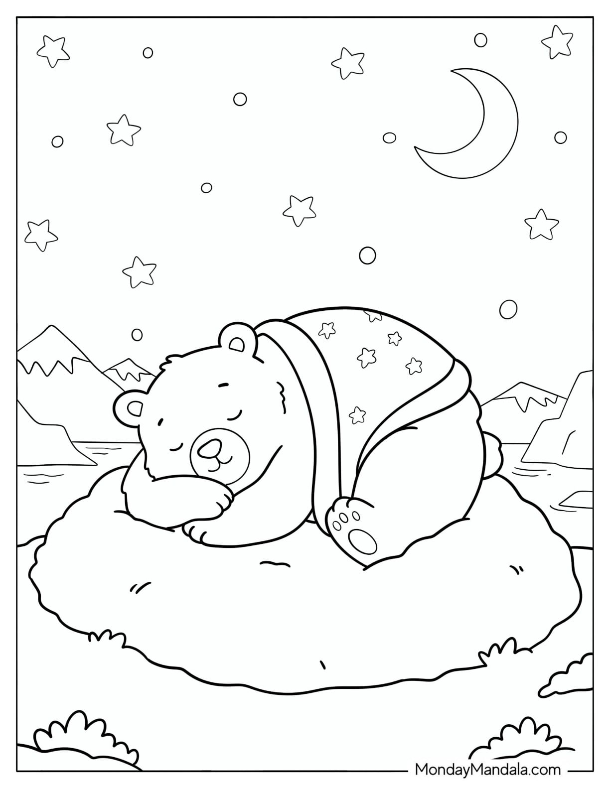 Polar Bear Cub Sleeping on a Rock Coloring Page