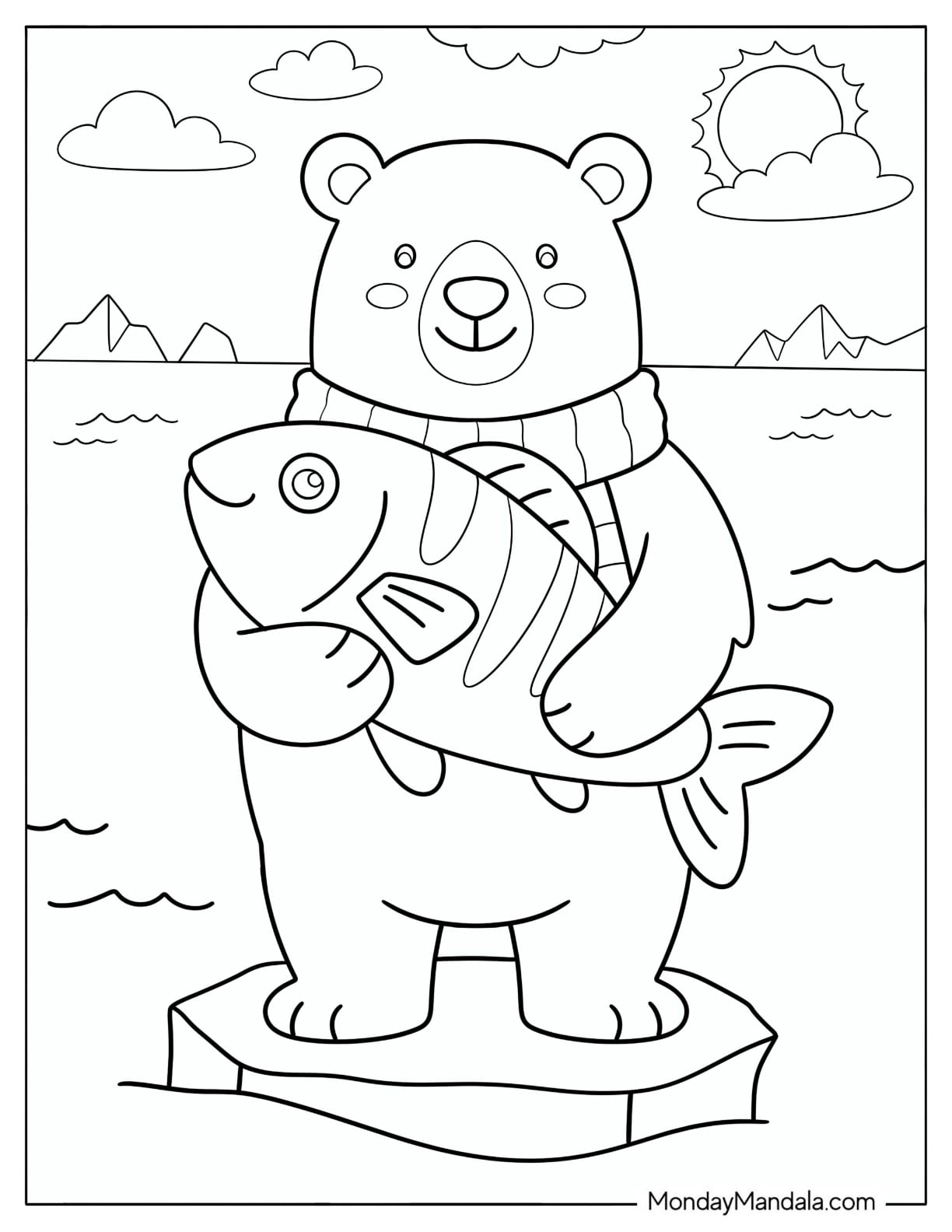 Polar Bear Holding a Massive Fish in the Arctic Coloring Page