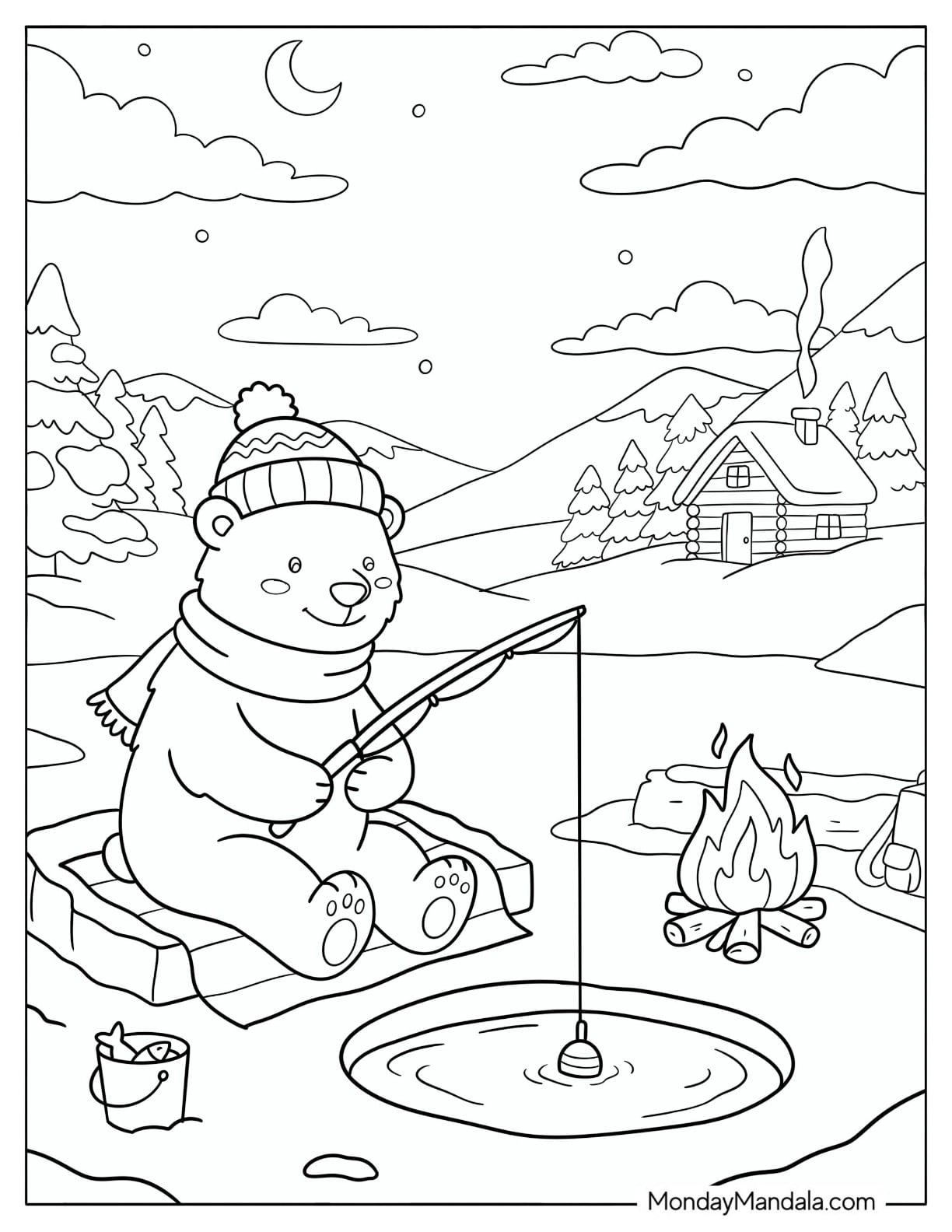 Polar Bear Ice Fishing Next to a Cabin Coloring Page for Kids