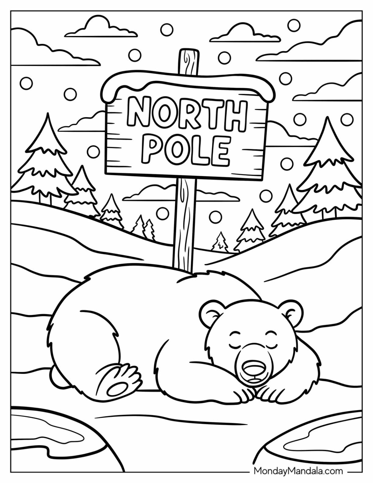 Polar Bear Sleeping Under North Pole Coloring Page Sign
