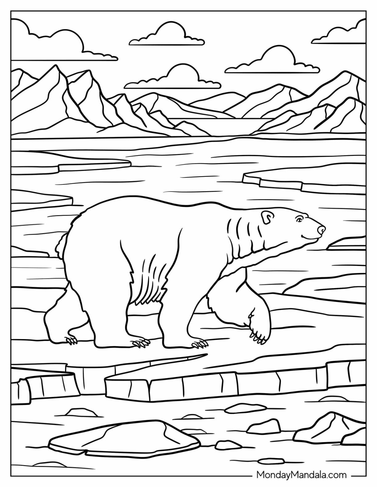 Arctic Animals Coloring Page of Polar Bear Walking Across Ice Field