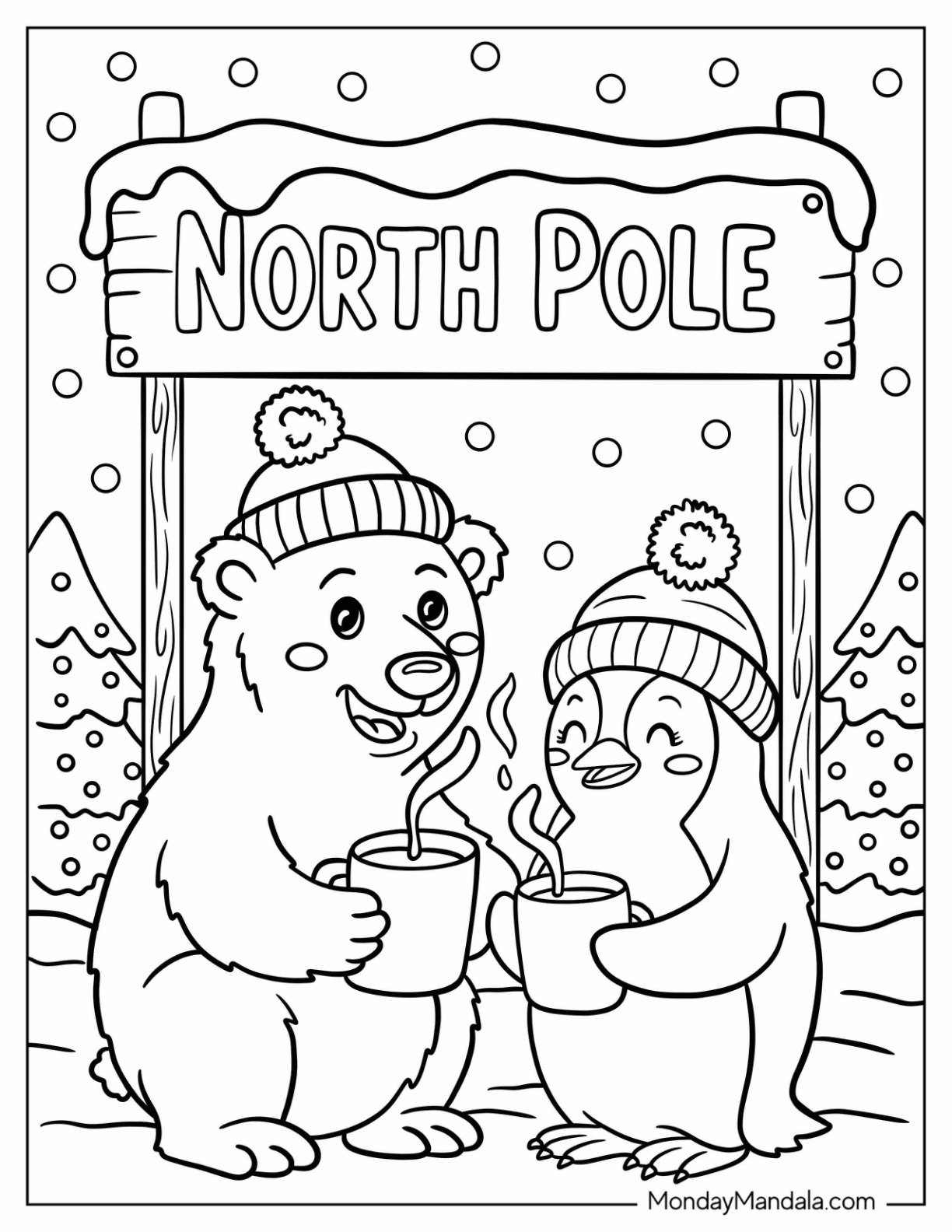 Polar Bear and Penguin Drinking Hot Cocoa at the North Pole Coloring Page