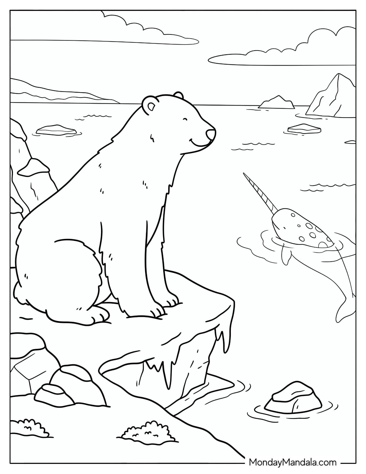 Polar Bear on Ice Smiling at a Narwhal