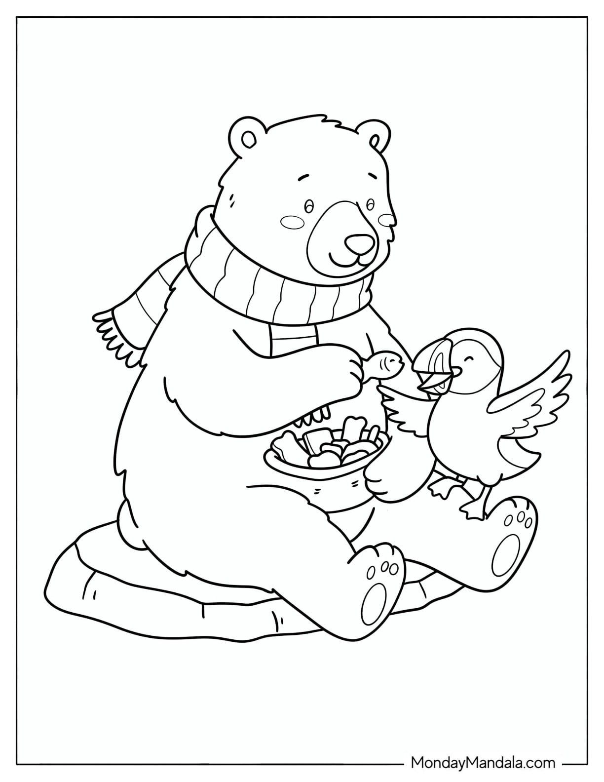 Polar Bear with a Scarf Sharing Snacks with a Bird Coloring Page for Kids