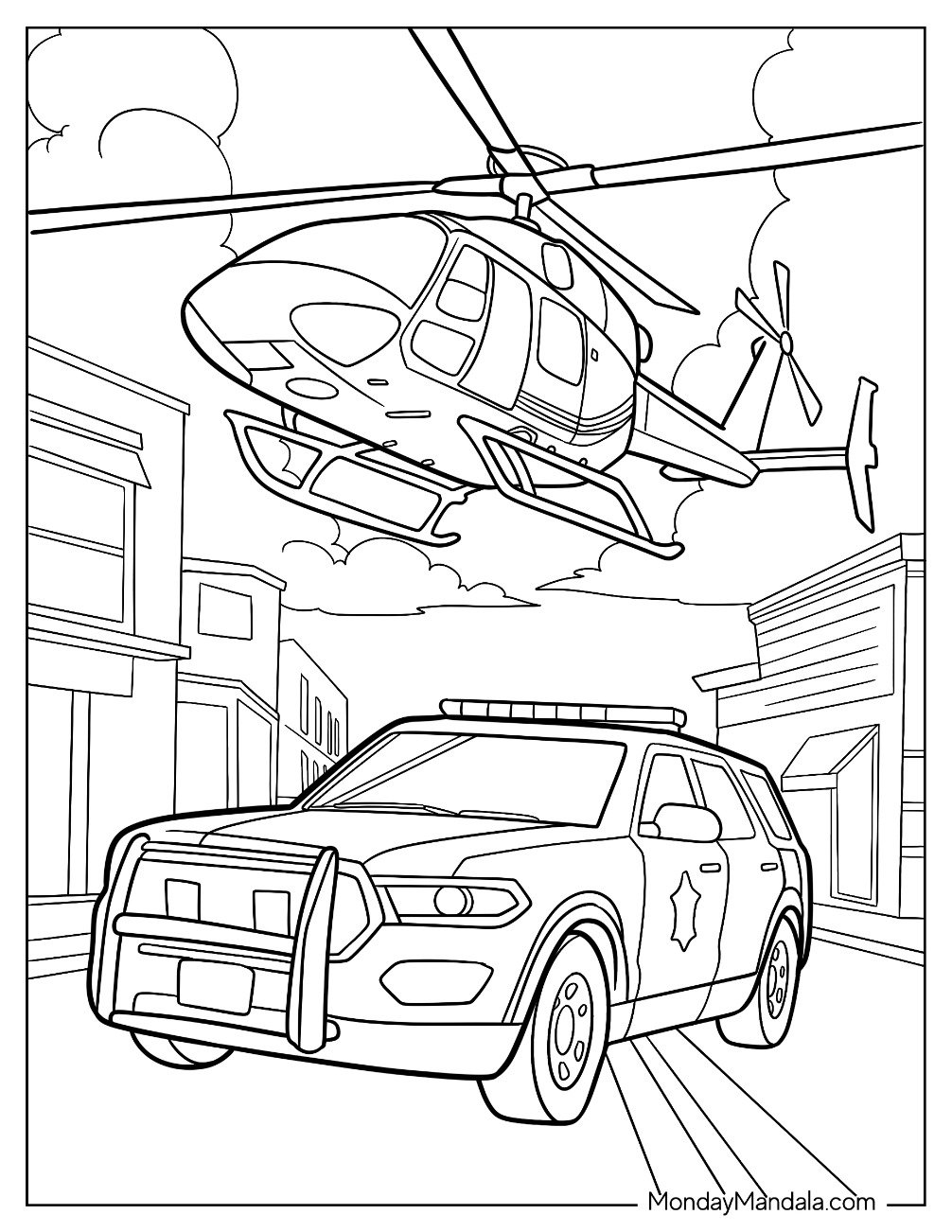 Police Car Coloring Page And Helicopter In The City