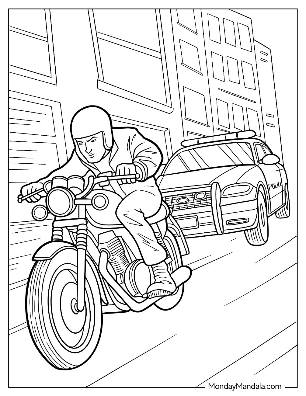 Police Car Coloring Page Chasing A Criminal On A Motorcycle