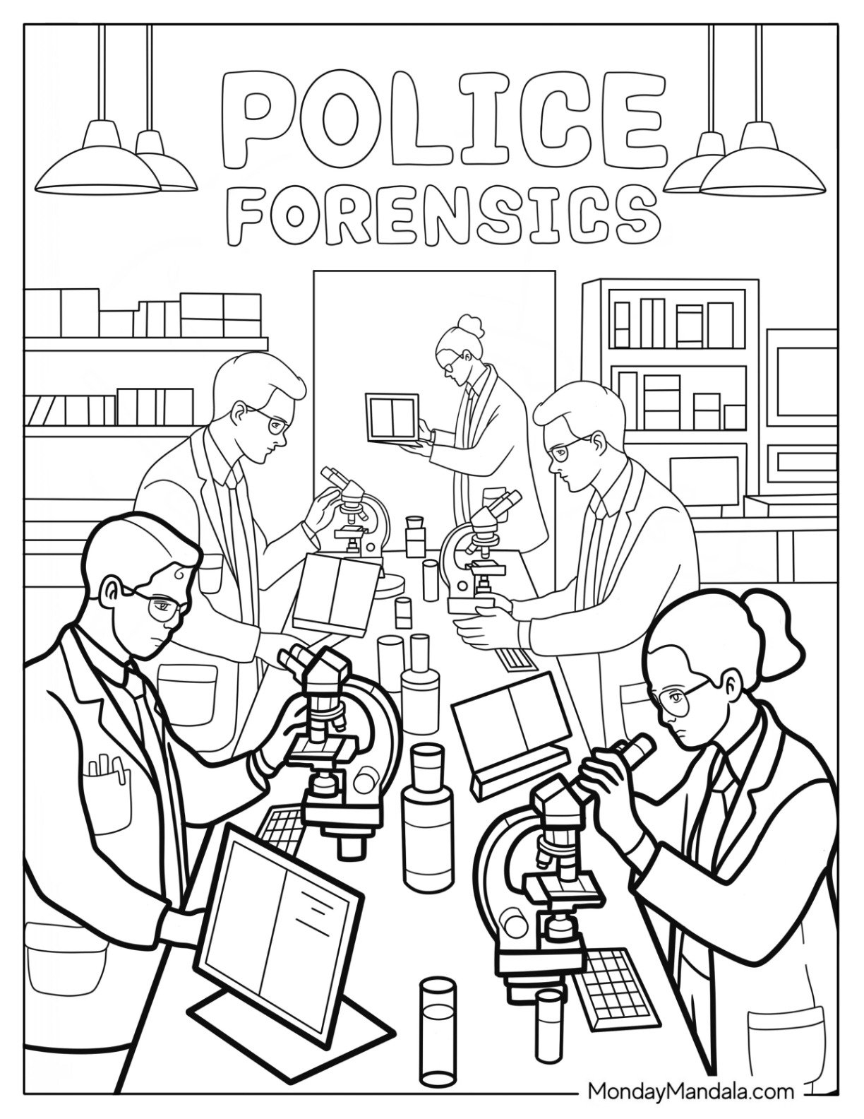 Police Coloring Page of Forensics Lab Scientists Analyzing Evidence