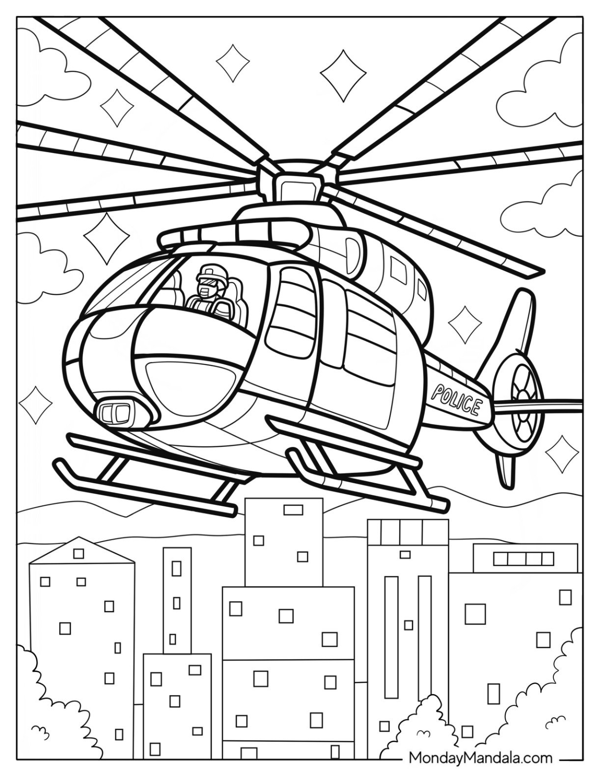 Police Coloring Page Helicopter Flying Over City Buildings