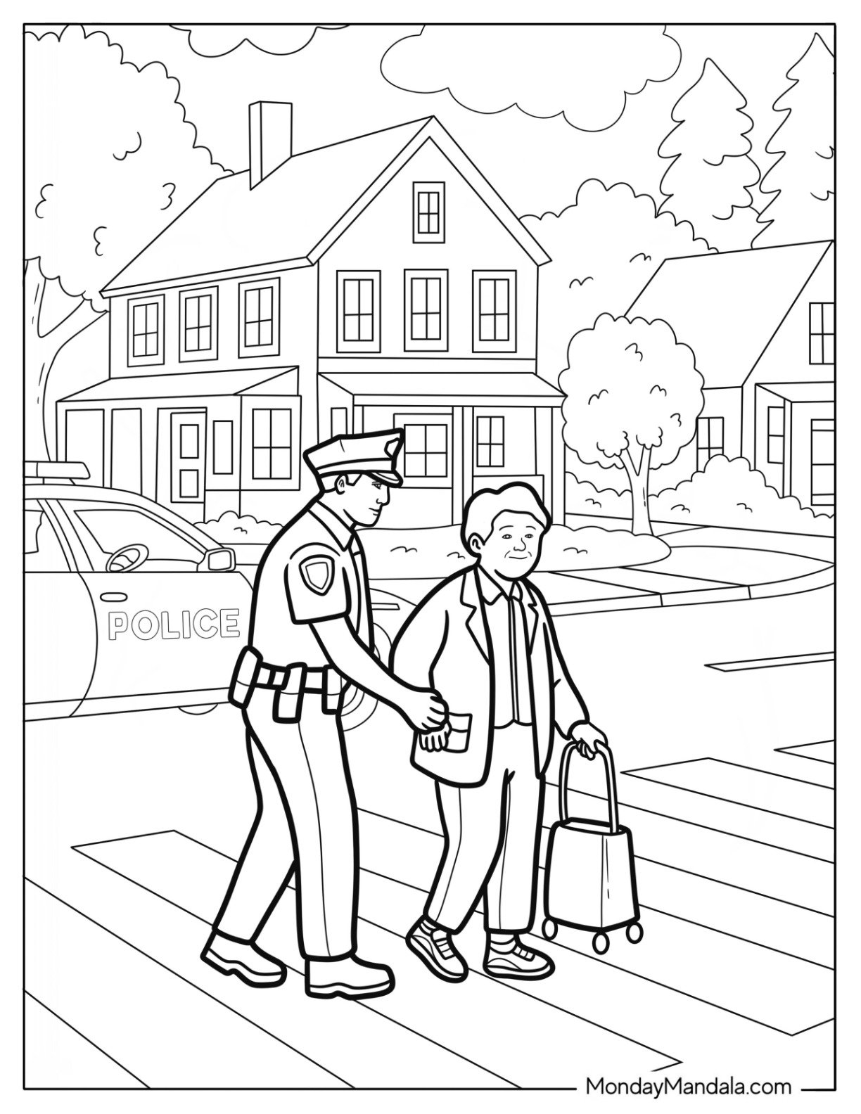 Police Coloring Page Assisting Elderly Man at Crosswalk