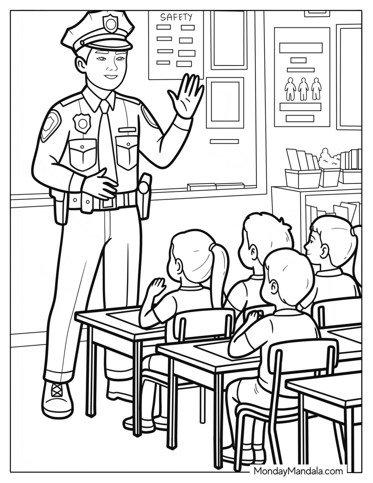 Police Coloring Page Giving School Safety Talk to Children