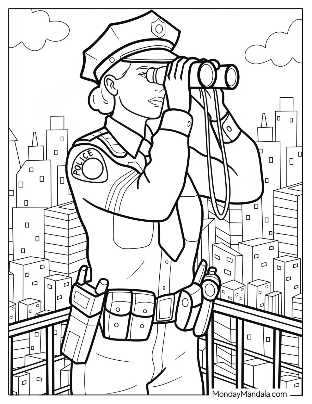 Police Coloring Page Scanning City Skyline with Binoculars