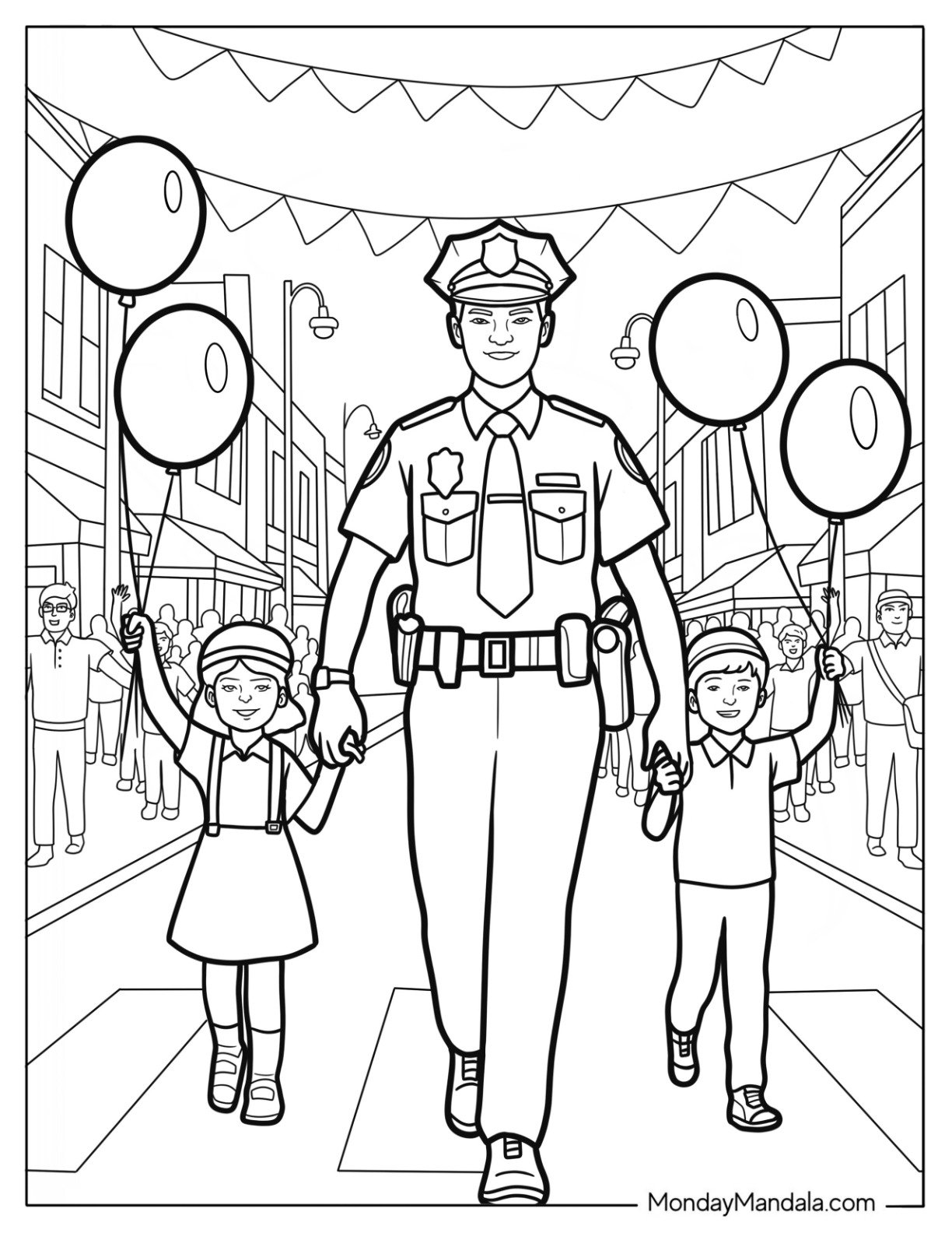 Police Coloring Page Officer Walking with Kids at Community Parade
