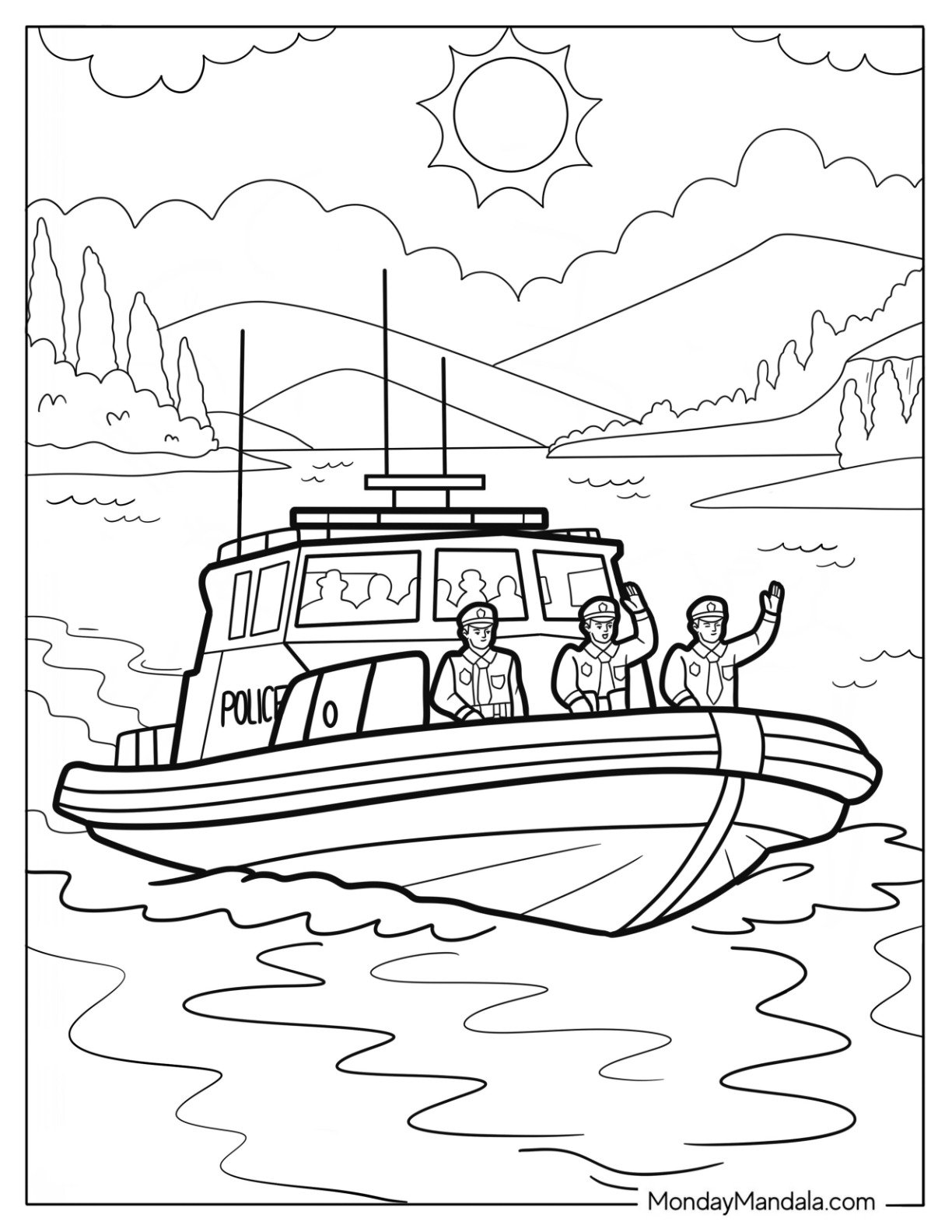 Police Coloring Page Patrol Boat with Officers on River Duty