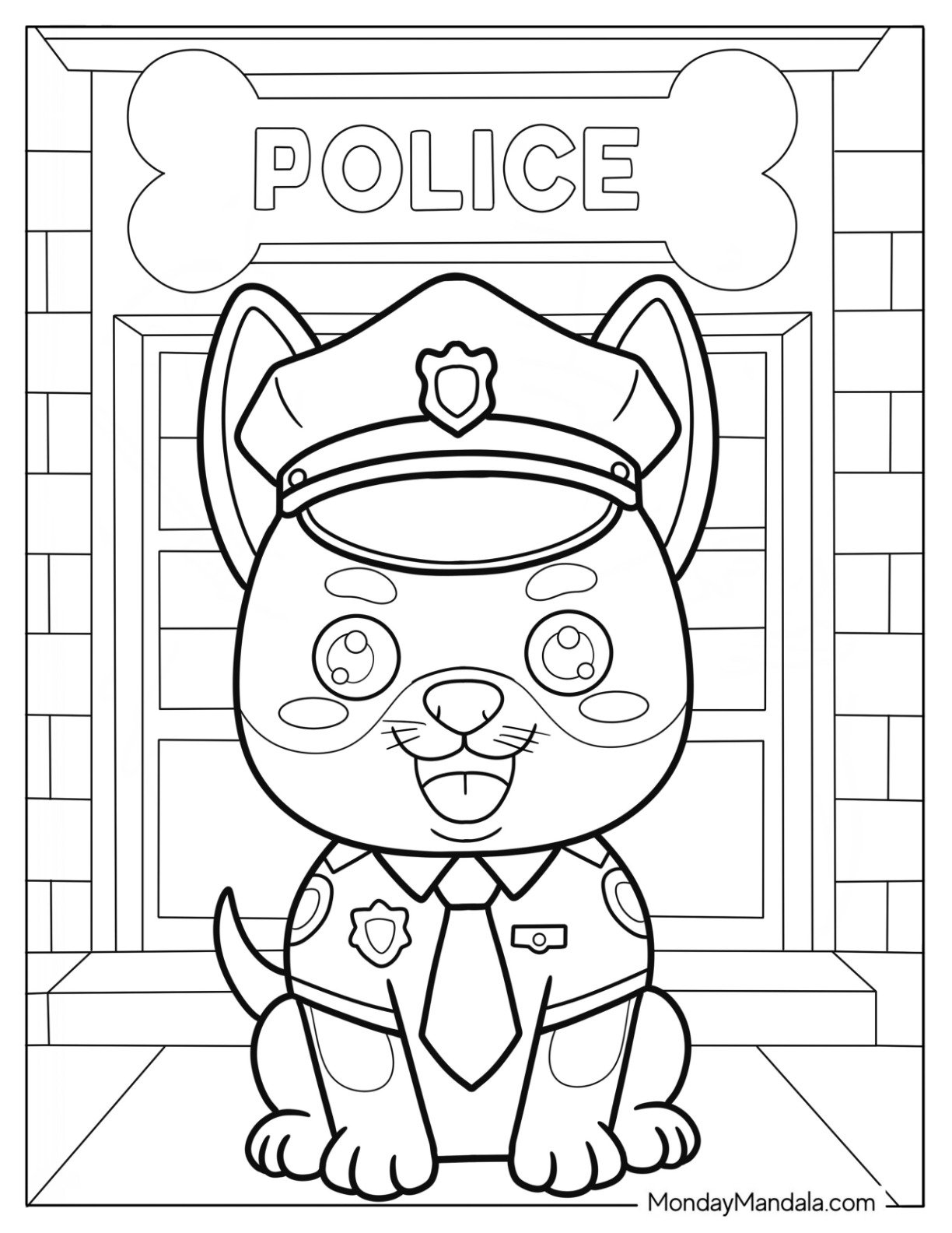 Police Coloring Page Puppy in Uniform at Headquarters for Kids
