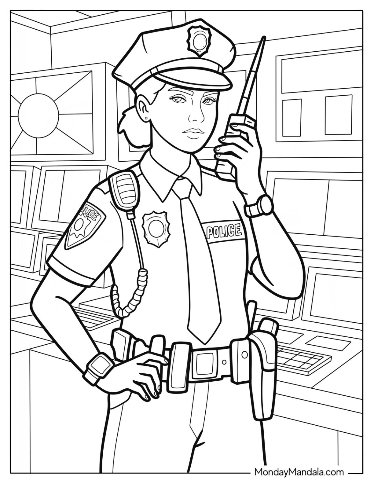 Police Coloring Page with Radio in Security Monitoring Room