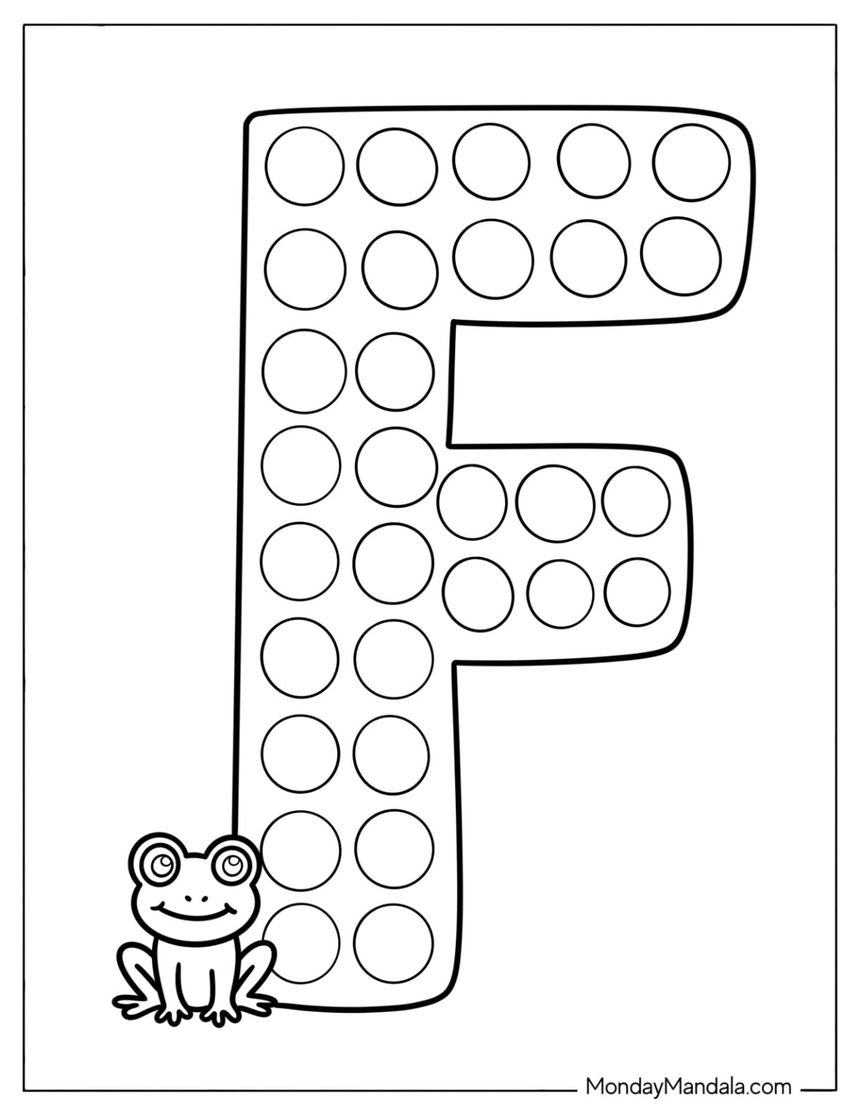Polka Dot Big Letter F Coloring Page with Circles and Little Frog