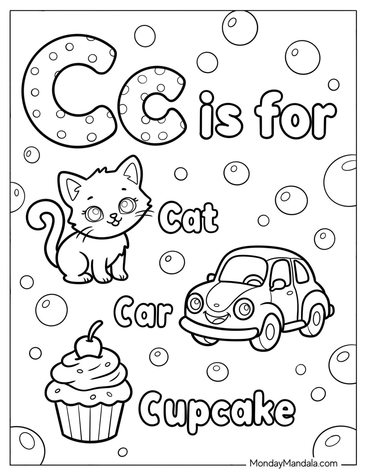 Polka Dot Letter C Coloring Page for Cupcake, Car, and Cat