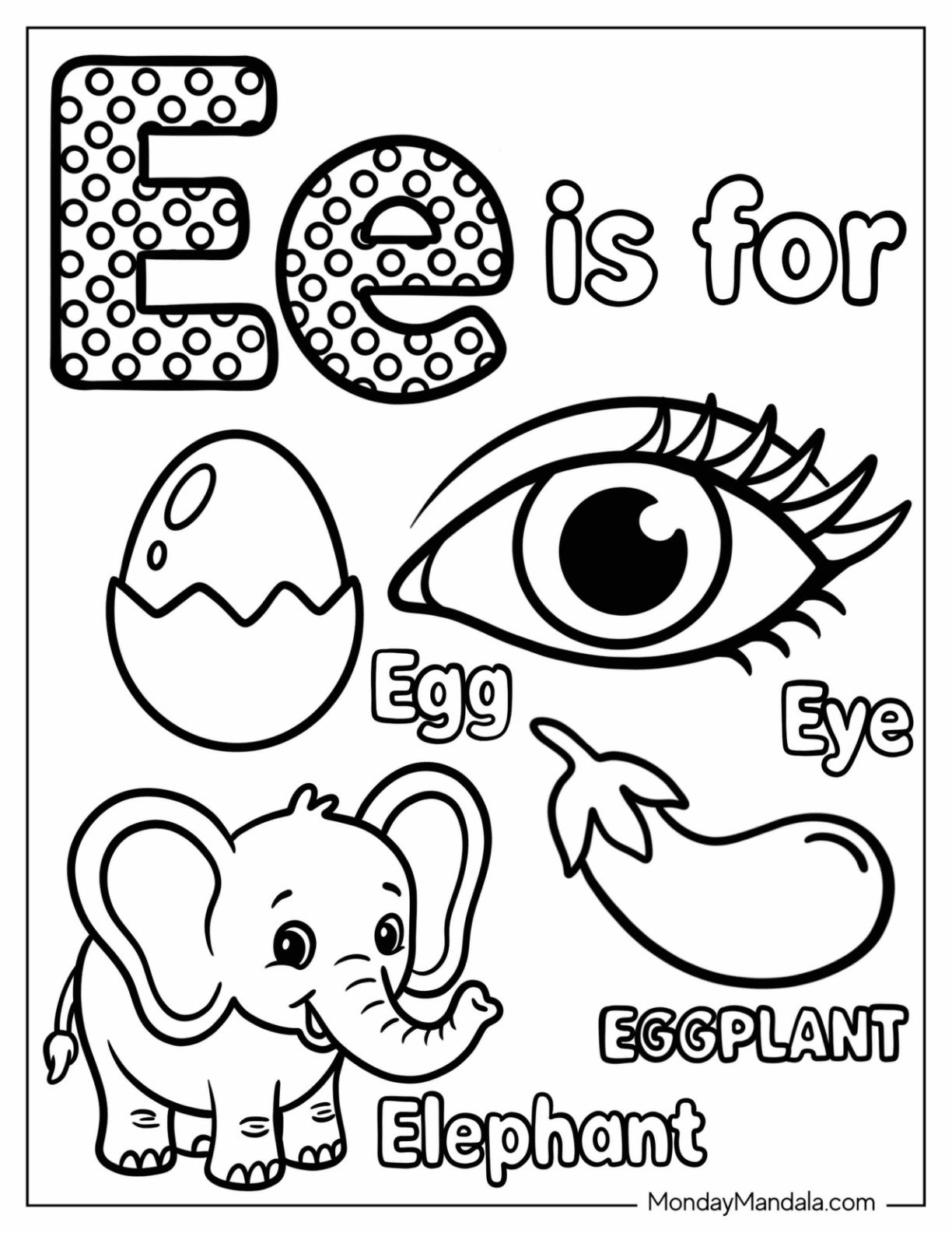 Polka Dot Letter E Coloring Page is for Eye, Eggplant, Elephant, and Egg