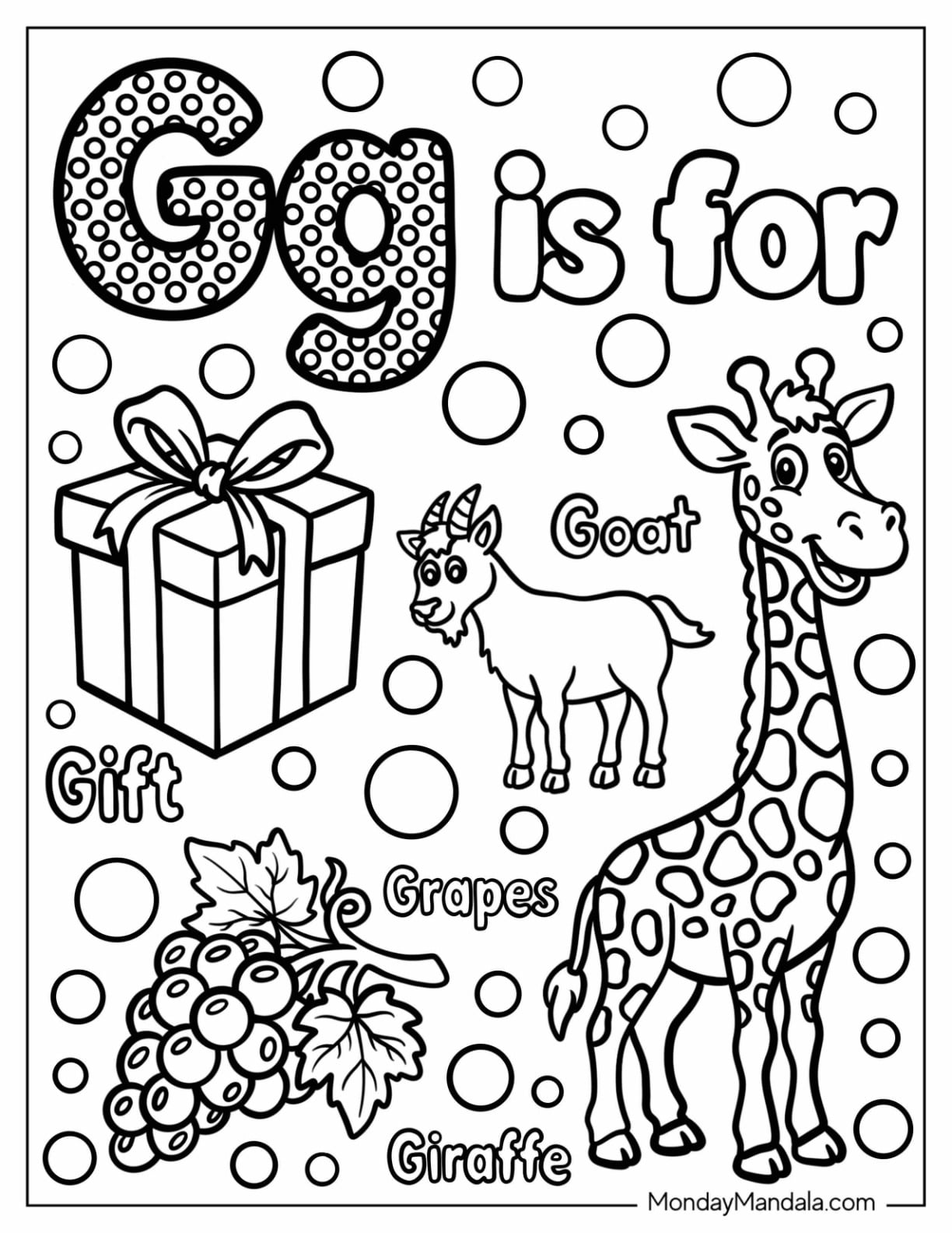 Polka Dot Letter G Coloring Page is for Giraffe, Grapes, Gift, and Goat