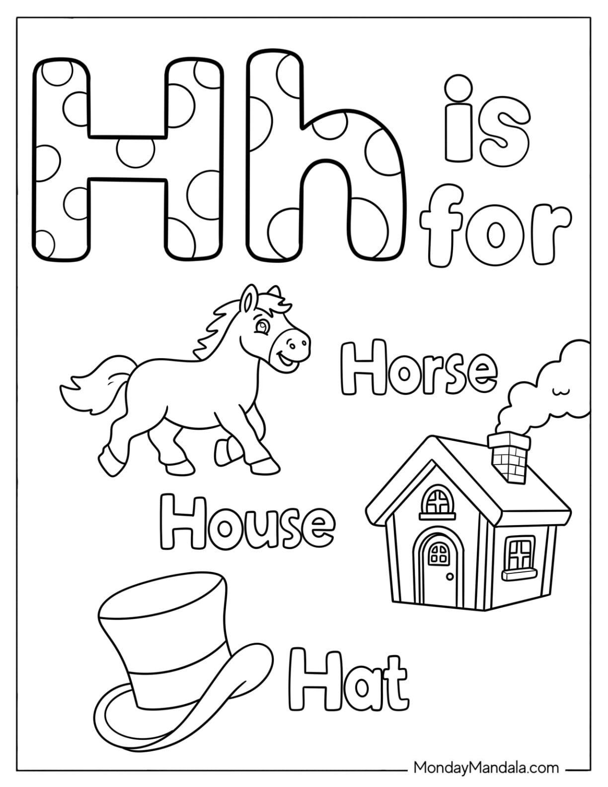 Polka Dot Letter H Coloring Page is for House, Horse, and Hat